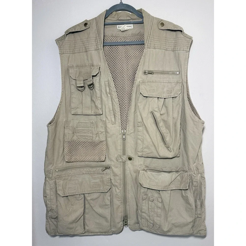 Vintage Banana Republic Safari Vest XL Khaki Fishing Hunting Multi Pocket Mesh